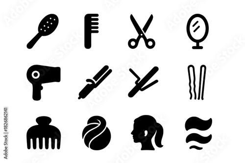Formal Hairstyles Icons. Formal hairstyle. Solid icon set of Formal hairstyle: hairbrush, comb, scissors, mirror, hair dryer, curling iron, straightener,