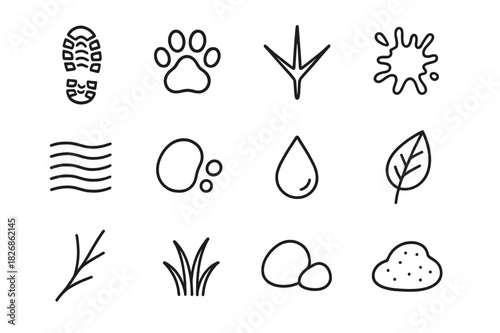 Nature Footprint Icons. Footprints in Nature. Line icon set of Footprints in Nature: boot print, paw print, bird track, mud splash, sand ripple, pebble, water