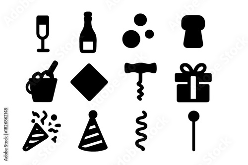 Celebration Drink Icons. Celebration drinks. Solid icon set of Celebration drinks: champagne glass, bottle, bubbles, cork, ice bucket, cocktail napkin, wine