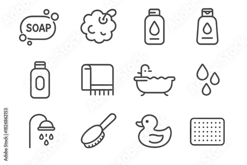 Bathroom Essentials Icons. Bathroom essentials. Line icon set of Bathroom essentials: soap bar, bath sponge, loofah, shower gel bottle, shampoo bottle, bath