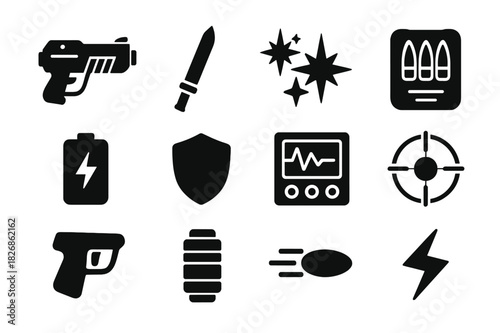 Plasma Weapon Icons. Plasma weapon. Solid icon set of Plasma weapon: plasma gun, energy blade, sparks, ammo pack, power cell, shield, control panel, targeting