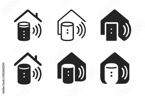Interactive Home Logos. Interactive home entertainment experiences. Icon set. Set Logo of interactive home entertainment experiences: smart speaker with voice