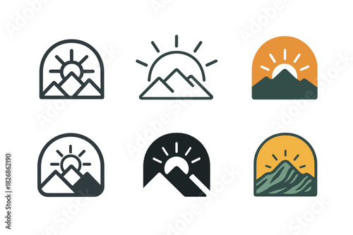 Outdoor Yoga Logos. outdoor yoga meetups. Icon set. Set Logo of outdoor yoga meetups: sunrise over mountain. harmonious logo variations of the same emblematic
