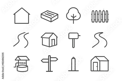Plot Planning Icons. Plot planning tools. Line icon set of Plot planning tools: house outline, garden bed, tree, fence, driveway, shed, mailbox, pathway, water