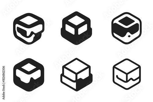 Virtual Reality Logos. Virtual reality gaming. Icon set. Set Logo of VR experience: 3D cube with headset outline. harmonious logo variations of the same