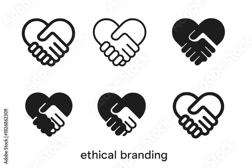 Ethical Branding Icons. Ethical branding. Icon set. Set Logo of ethical branding: handshake with heart. harmonious logo variations of the same emblematic