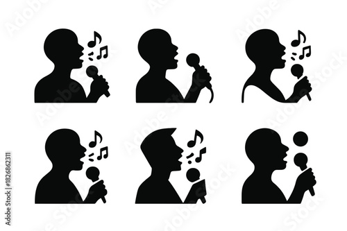 Jazz Singing Icons. Vocal improvisation and scat singing. Icon set. Set Logo of jazz expression: jazz singer silhouette. harmonious logo variations of the same