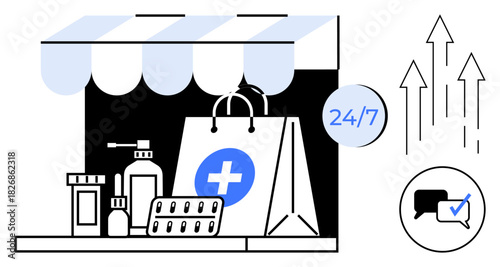 Pharmacy storefront with medicines, shopping bag, pill blister, rising arrows, 247 sign, and chat bubble. Ideal for healthcare, e-commerce, growth convenience customer service digital business