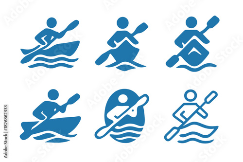Water Sports Icons. Water sports. Icon set. Set Logo of water sports: kayaker paddling through flowing water. harmonious logo variations of the same emblematic