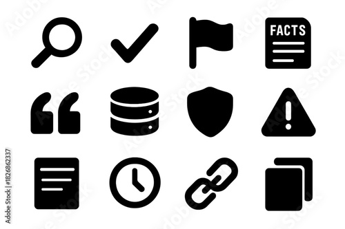 Verification Icons Grid. Verification and Facts. Solid icon set of Verification and Facts: magnifier, checkmark, flag, fact sheet, quote marks, database,