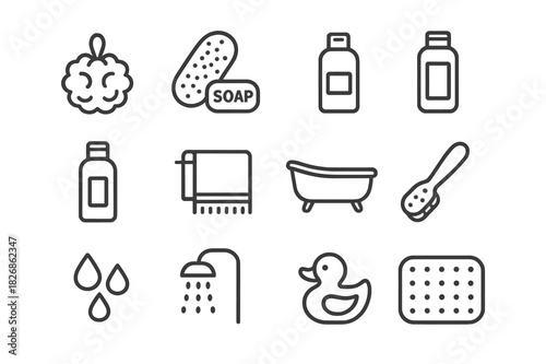 Personal Care Essentials. Personal care items. Line icon set of Personal care items: bath sponge, loofah, soap bar, shampoo bottle, shower gel bottle, bath