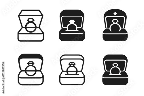 Surprise Ring Icon Set. Surprise ring box. Icon set. Set Logo of surprise ring box: engagement ring inside box. harmonious logo variations of the
