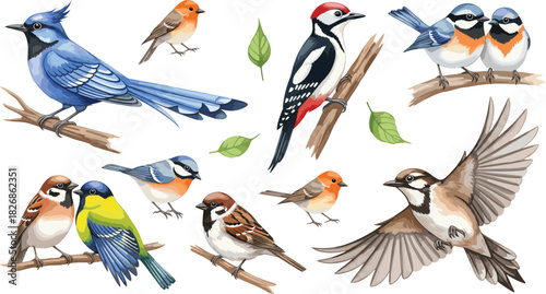  Beautiful Watercolor Style Vector Collection of Various Wild Songbirds like Blue Jay, Woodpecker, and Sparrows on Branches with Green Leaves