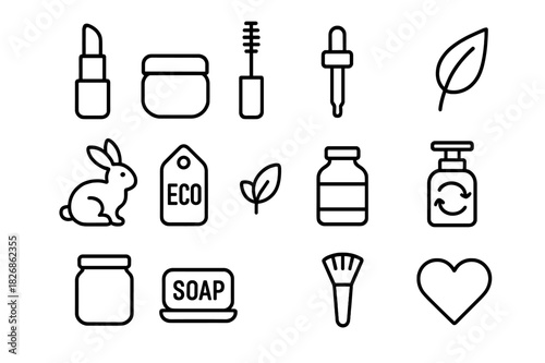 Vegan Beauty Icons. Vegan cosmetics. Line icon set of vegan cosmetics: lipstick, cream jar, mascara, leaf, bunny, eco label, dropper, refill bottle, glass jar,