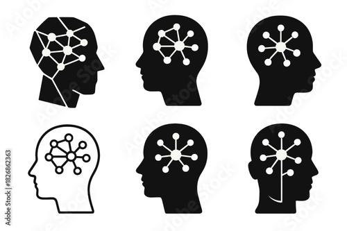 Creative Neuroscience Icons. Neuroscience of creativity. Icon set. Set Logo of creative neuroscience: human head with glowing neural pattern. harmonious logo