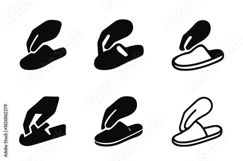 Slipper Logo Variation Set. Putting on indoor slippers. Icon set. Set Logo of putting on indoor slippers: hand holding a slipper. harmonious logo variations of