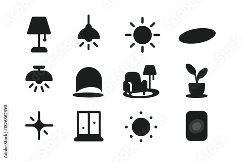 Ambient Lighting Icons. Ambient lighting. Solid icon set of Ambient lighting: lamp, pendant light, sun, soft shadows, shaded area, ceiling light, reflection,