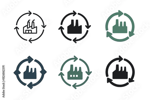 Circular Economy Icons. Circular economy principles in manufacturing. Icon set. Set Logo of circular economy in manufacturing: product lifecycle