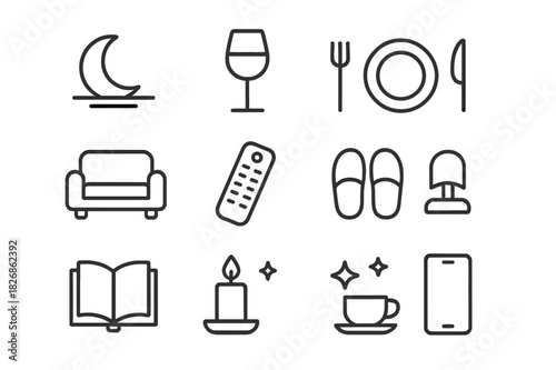 Thursday Evening Icons. Thursday evening. Line icon set of Thursday evening: moonrise, wine glass, dinner plate, couch, remote control, slippers, book, candle,