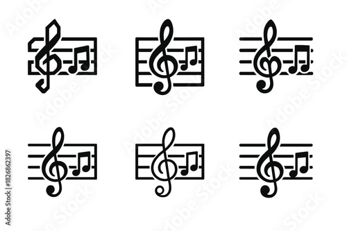 Musical Logos Grid. Composition in music. Icon set. Set Logo of music composition: grand staff symbol. harmonious logo variations of the same emblematic