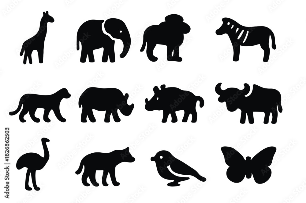 Obraz premium Wildlife Icon Set. Wildlife scene. Solid icon set of Wildlife scene: giraffe, elephant, lion, zebra, cheetah, rhinoceros, warthog, buffalo, ostrich, hyena,