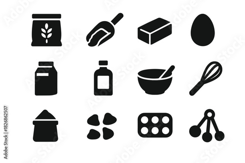 Cupcake Ingredients Icons. Cupcake ingredients. Solid icon set of Cupcake ingredients: flour bag, sugar scoop, butter stick, egg, milk carton, vanilla bottle,