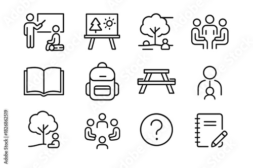 Outdoor Classroom Icons. Outdoor classroom. Line icon set of outdoor classroom: teacher with board, student on log, nature blackboard, group discussion, open