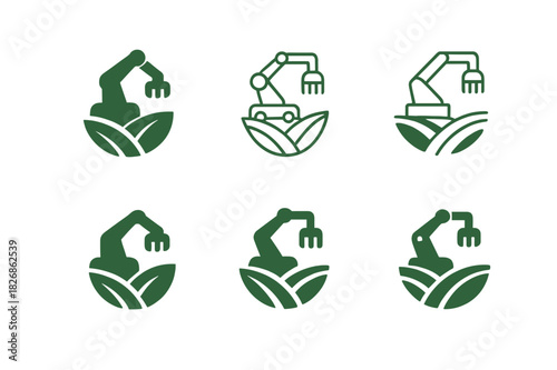 Agricultural Logo Set. Agricultural innovation. Icon set. Set Logo of agricultural innovation: robotic harvester. harmonious logo variations of the same