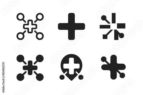 Digital Health Logos. Digital health startups. Icon set. Set Logo of digital health startups: network of connected healthcare nodes. harmonious logo variations