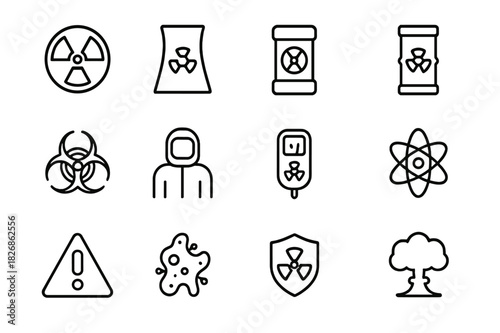 Radiological Hazard Icons. Radiological hazards. Line icon set of radiological hazards: radiation symbol, reactor, nuclear waste, hazard barrel, biohazard