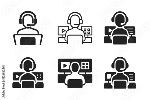 TV Control Room Logos. TV control room and technicians. Icon set. Set Logo of TV control room and technicians: headset operator. harmonious logo variations of