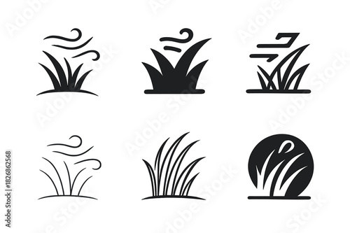 Grassland Logo Variations. Grassland rehabilitation. Icon set. Set Logo of grassland rehabilitation: Wind blowing through grass. harmonious logo variations of