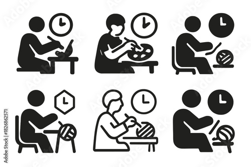 Hobby Lifestyle Icons. setting aside time for hobbies like painting or knitting. Icon set. Set Logo of setting aside time for hobbies like painting