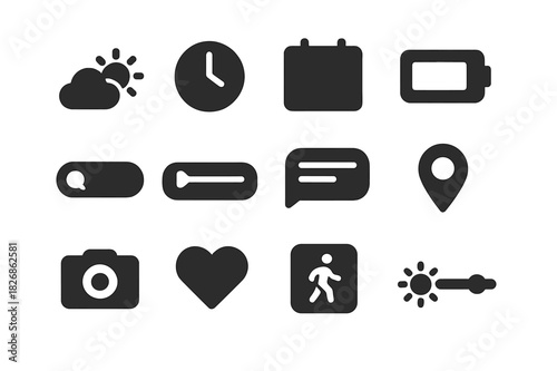 Mobile Widgets Icons. Mobile widgets. Solid icon set of mobile widgets: weather widget, clock, calendar, battery, search bar, music player, message preview,