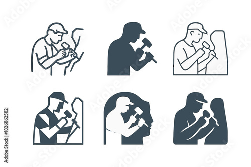 Sculptor Logo Variations. Sculptor working on a stone statue. Icon set. Set Logo of sculptor working on a stone statue: hammer and chisel. harmonious logo