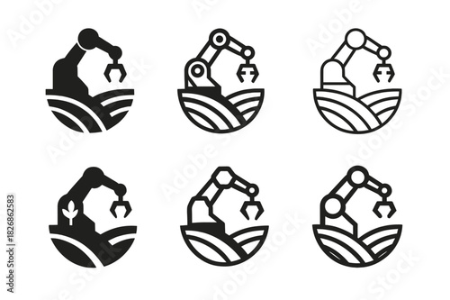 Agricultural Logo Set. Agricultural innovation. Icon set. Set Logo of agricultural innovation: robotic harvester. harmonious logo variations of the same