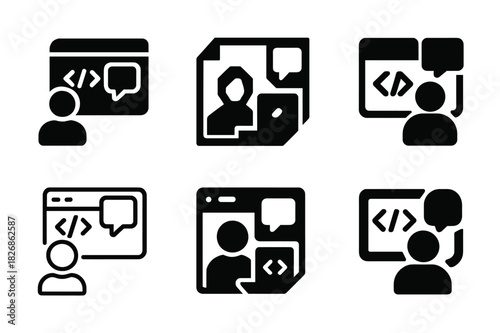 Developer Workspace Logos. developer coding in a collaborative workspace. Icon set. Set Logo of developer coding in a collaborative workspace: code window and
