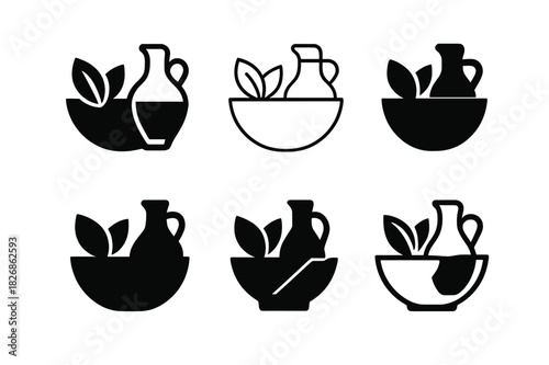 Stylized Salad Logos. salad. Icon set. Set Logo of salad: vinaigrette bottle. harmonious logo variations of the same emblematic concept, each with different