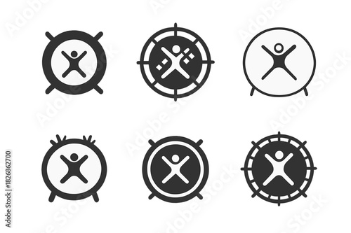 Trampoline Logo Variations. Jumping on a trampoline in a backyard. Icon set. Set Logo of outdoor fun: trampoline viewed from top. harmonious logo variations of