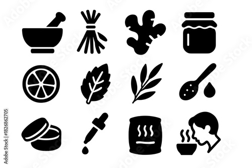 Natural Remedy Icons. Natural Remedies. Solid icon set of Natural Remedies: mortar and pestle, herbal bundle, ginger root, honey jar, lemon slice, peppermint