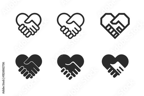 Ethical Branding Icons. Ethical branding. Icon set. Set Logo of ethical branding: handshake with heart. harmonious logo variations of the same emblematic
