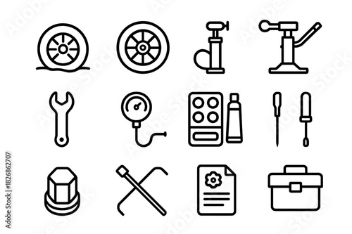 Flat Tire Essentials. Flat Tire Kit. Line icon set of Flat Tire Kit: flat tire, spare tire, tire inflator, jack, wrench, air gauge, patch kit, screwdriver, lug