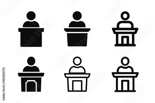 Courtroom Logo Variations. Courtroom scene with defendant. Icon set. Set Logo of courtroom: courtroom podium and person. harmonious logo variations of the same