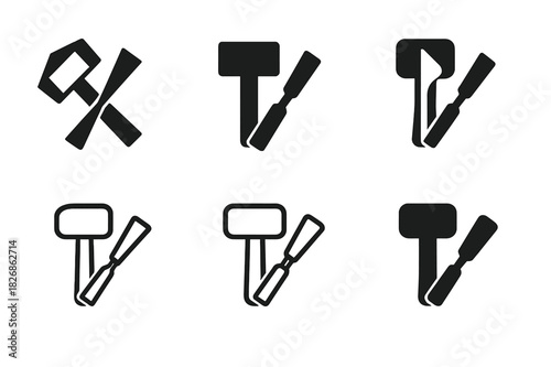 Fine Art Tool Logos. Fine art techniques and tools. Icon set. Set Logo of Fine art techniques and tools: sculptor?s chisel and mallet. harmonious