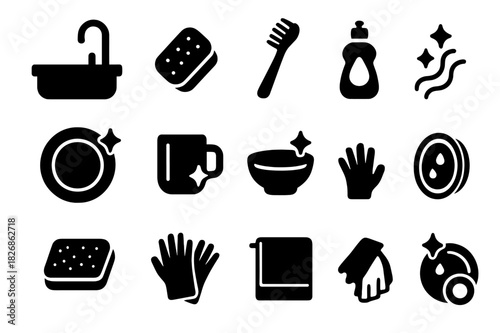Dishwashing Icons Set. Dishwashing routine. Solid icon set of Dishwashing routine: sink, sponge, brush, dish soap, plate, cup, bowl, water, scrub pad, gloves,