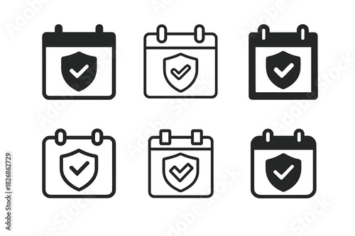 Antivirus Icons Collection. Installing antivirus software. Icon set. Set Logo of Installing antivirus software: scheduled scan calendar with tick. harmonious