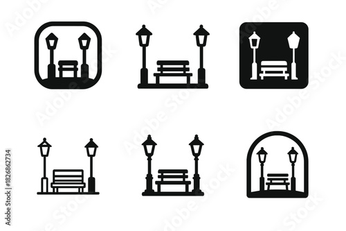 Town Square Logos. town square. Icon set. Set Logo of town square: lamp posts and benches silhouette. harmonious logo variations of the same emblematic