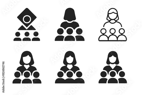 Women Leadership Icons. women in leadership. Icon set. Set Logo of women in leadership: team guided by female leader. harmonious logo variations of the same
