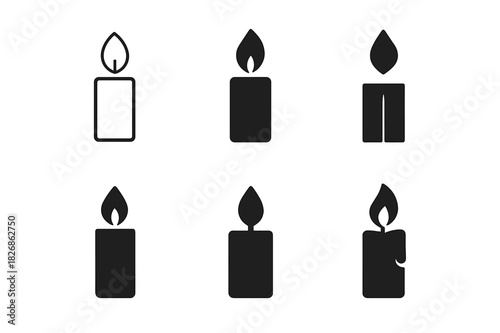 Candle Icon Set. candle. Icon set. Set Logo of candle: classic wax candle with flame. harmonious logo variations of the same emblematic concept, each with