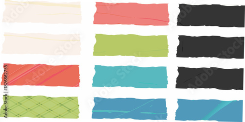 An arrangement of torn paper pieces in varied colors and patterns